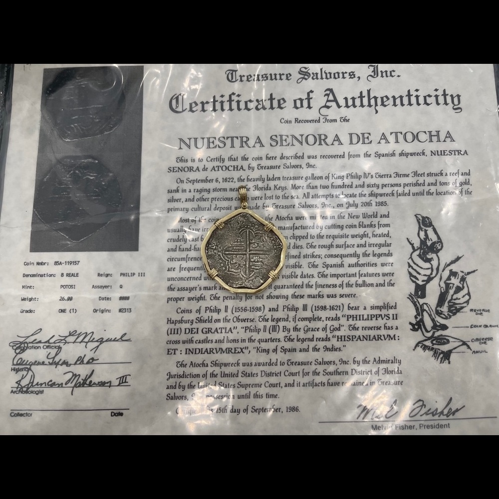 NOT FOR SALE REAL CERTIFIED ATOCHA SHIPWRECK COIN PENDANT IN 14kt SOLID GOLD